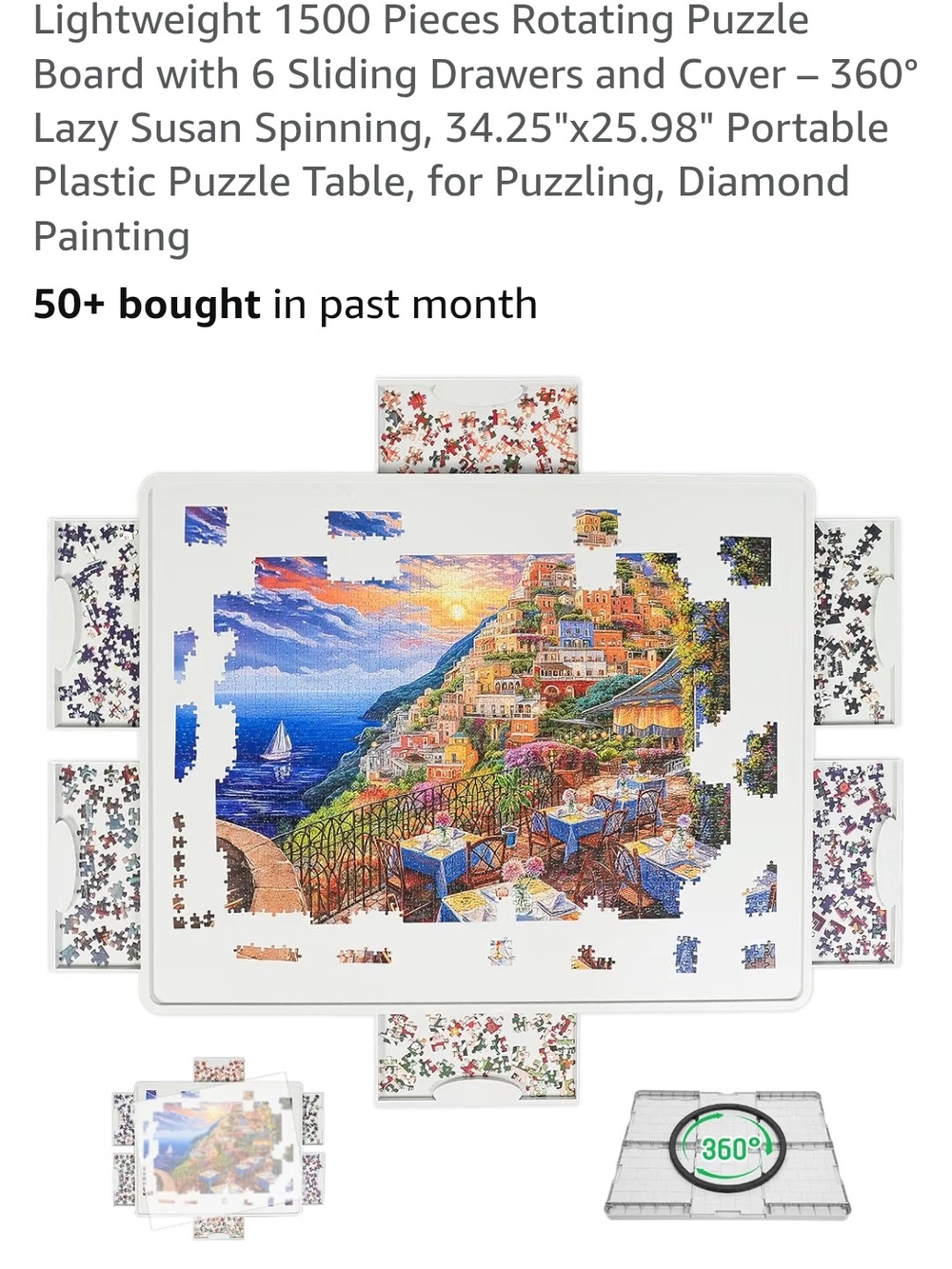 Rotating 1500-Piece Puzzle Board with 6 Sliding Drawers - White